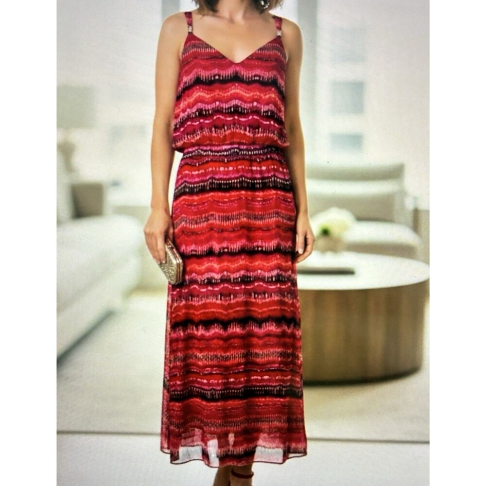 White House Black Market Maxi Slip Dress Large Pink Red Tribal Stripe Art Resort